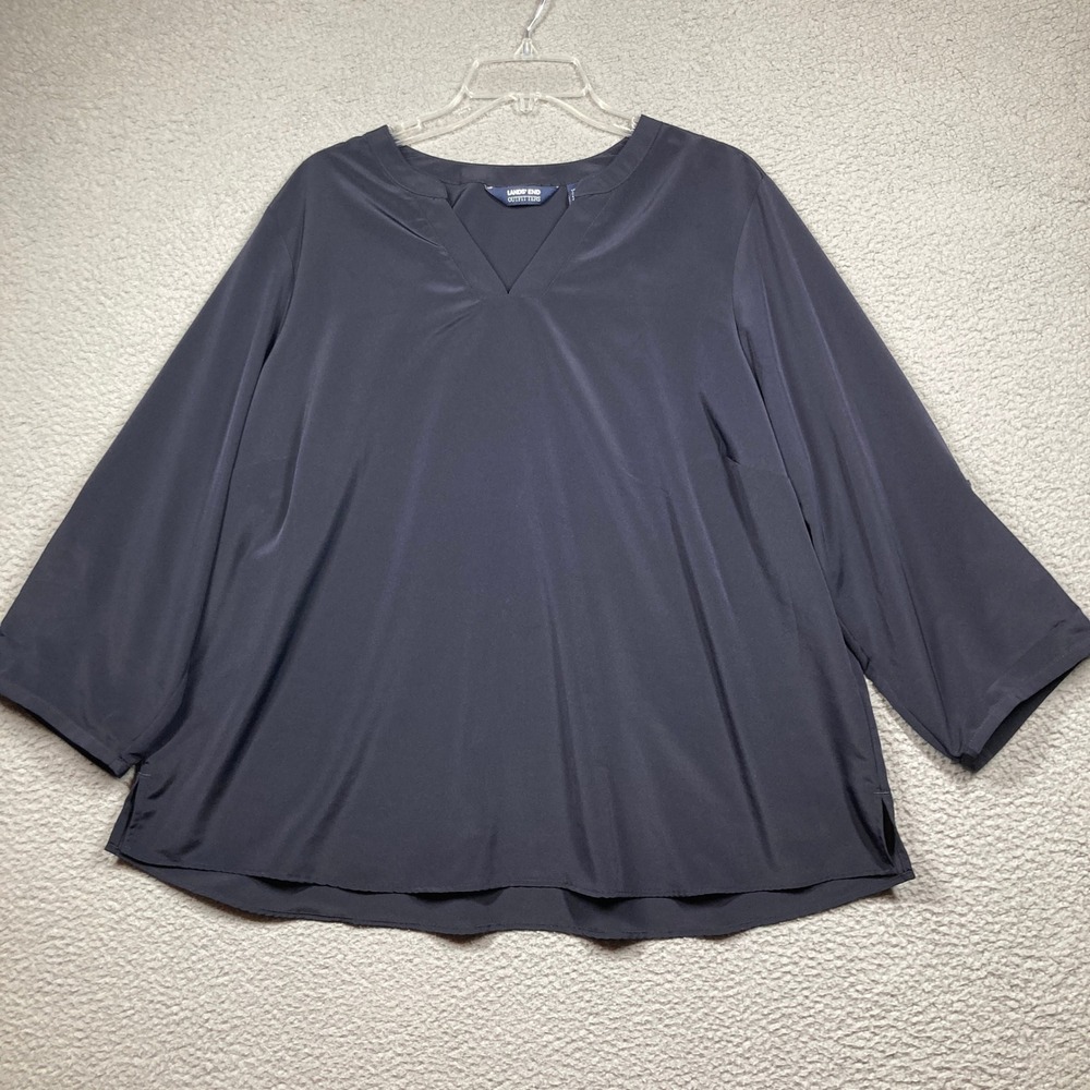 Lands' End Top Women 18W Navy Blue 3/4 Roll Tab Sleeve Split V-Neck Office
